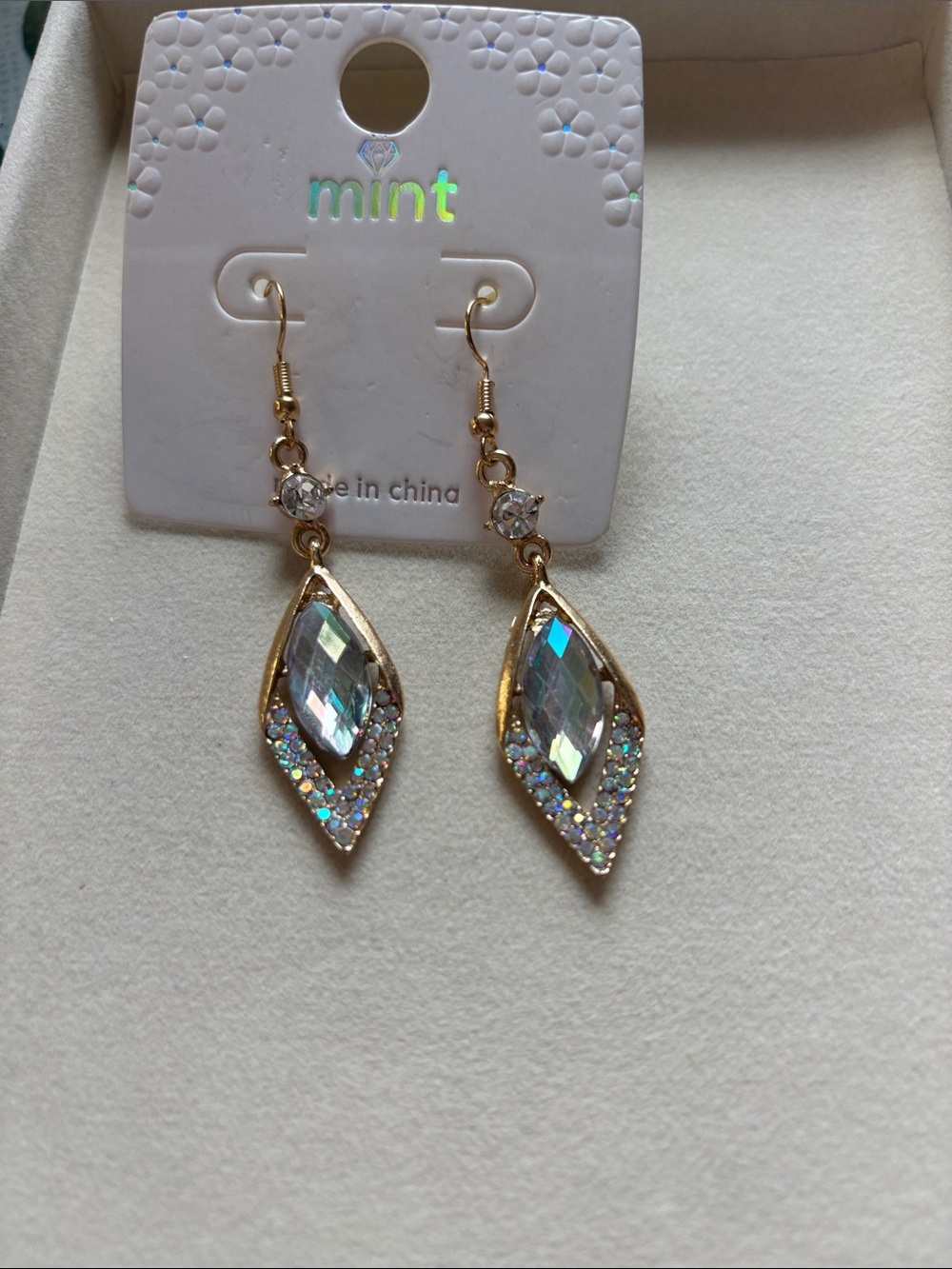 Mint Gold Iridescent Crystal Leaf Drop Earrings